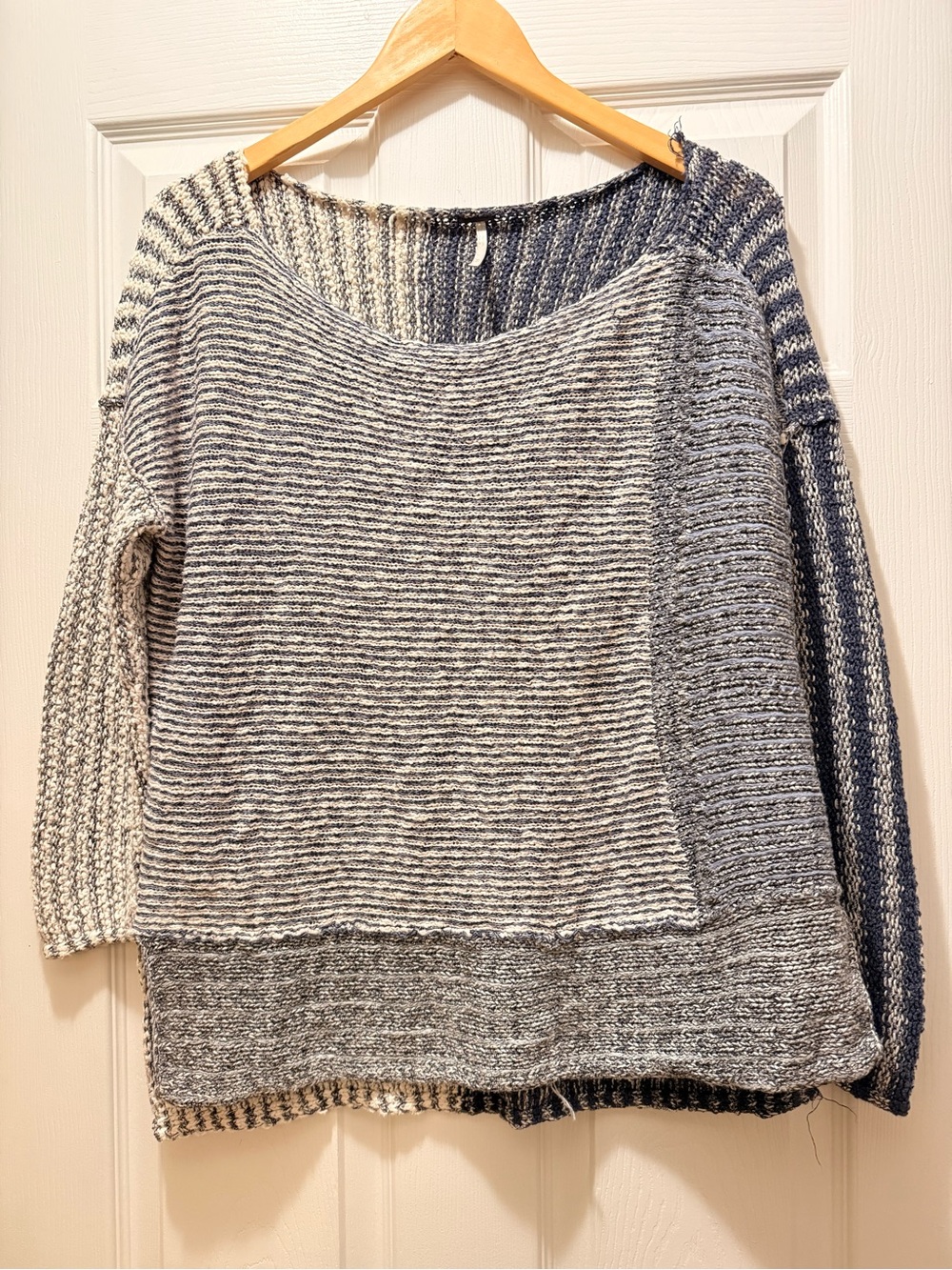 Free People I'm Cool with Stripes Knit Boat Neck Sweater Cream Blue Sz Medium